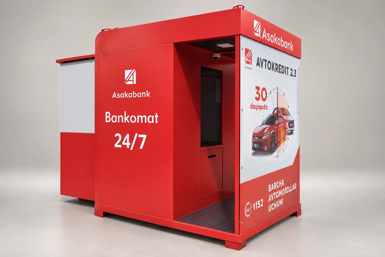 Asakabank booth with side entrance and service compartment